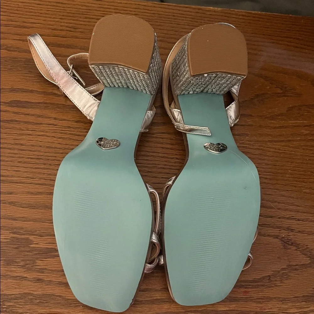 Betsey Johnson Zhara Silver Metallic Rhinestone Block Heel Sandals Size 11